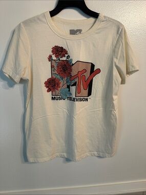 MTV Cream Tee with Red Floral Logo
